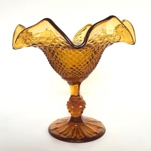 Vintage Indiana Glass Amber Diamond Point Compote Pedestal Bowl